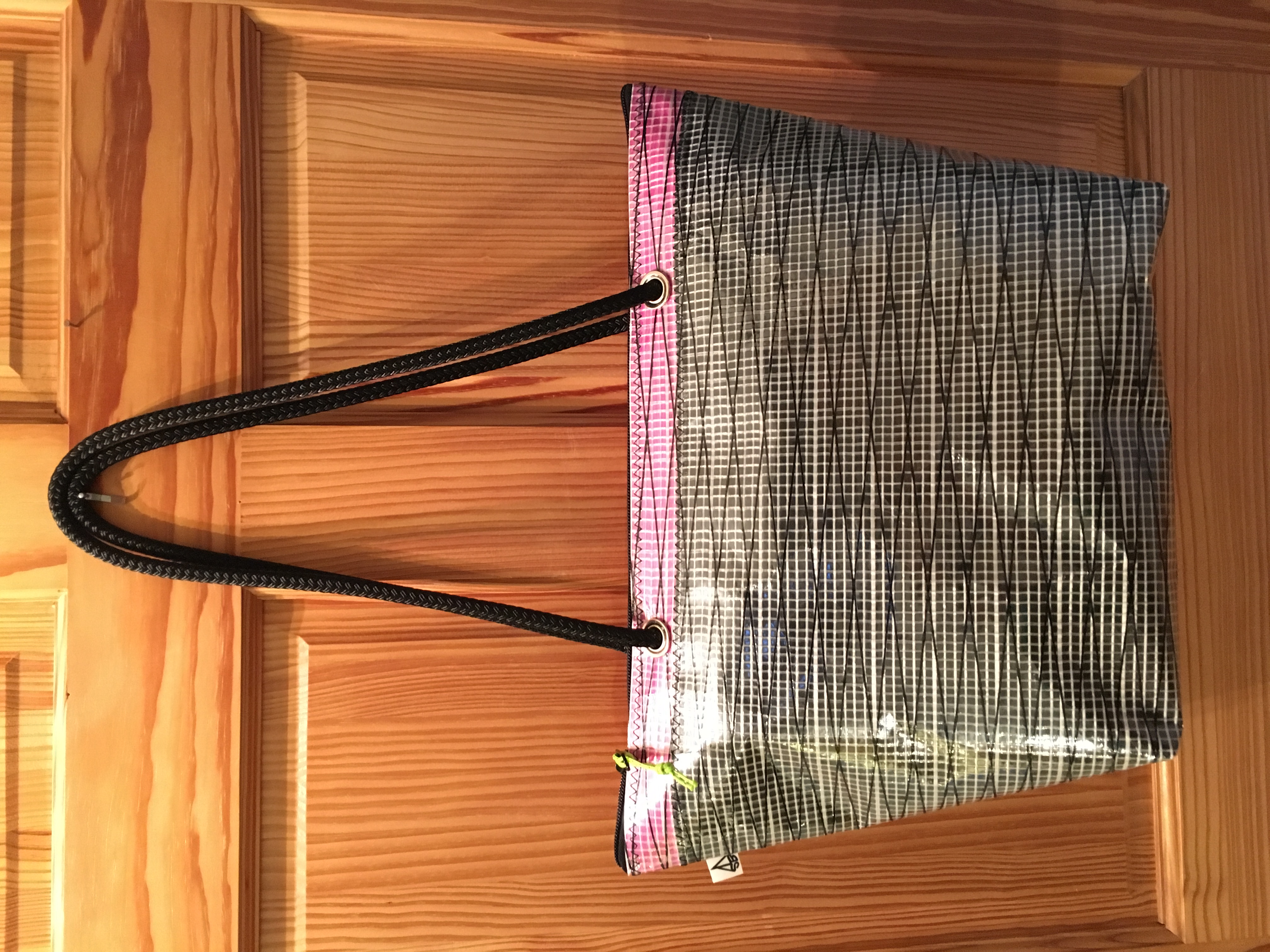 Pink and charcoal sailcloth tote