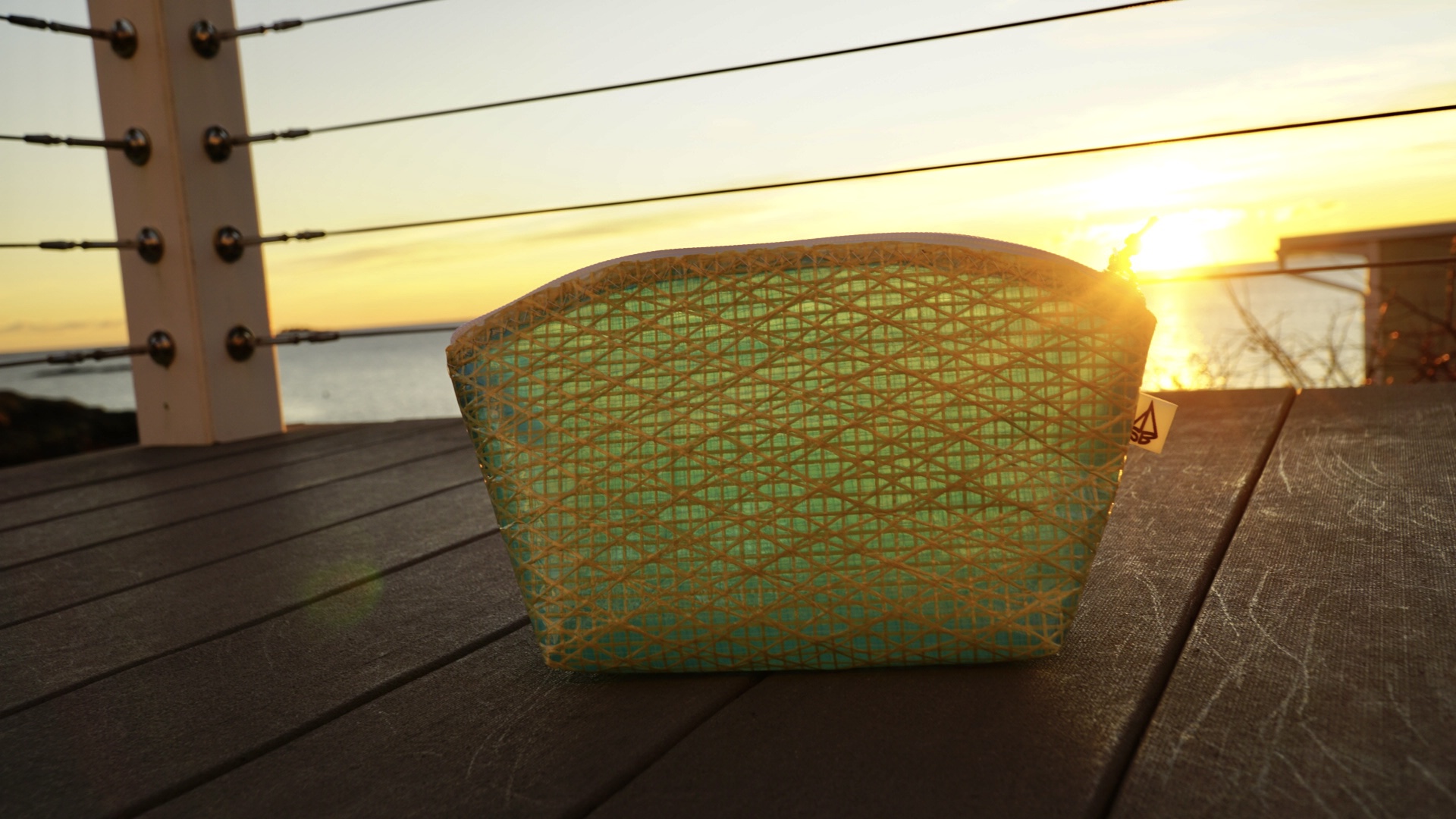 Sailcloth pouch at sunset on the deck